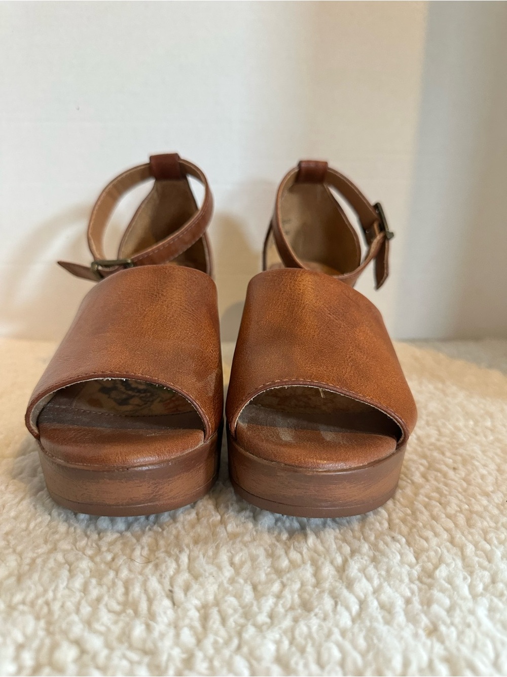 boc Tan Leather-Look Platform Sandals with Ankle Strap
